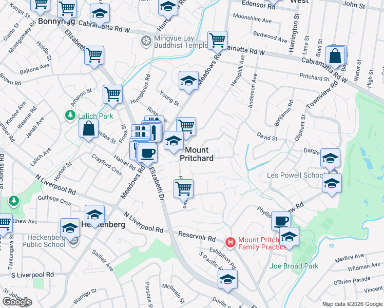 map of restaurants, bars, coffee shops, grocery stores, and more near 120 Anderson Avenue in Mount Pritchard