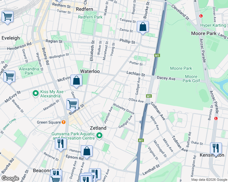 map of restaurants, bars, coffee shops, grocery stores, and more near 21 Dunkerley Place in Waterloo