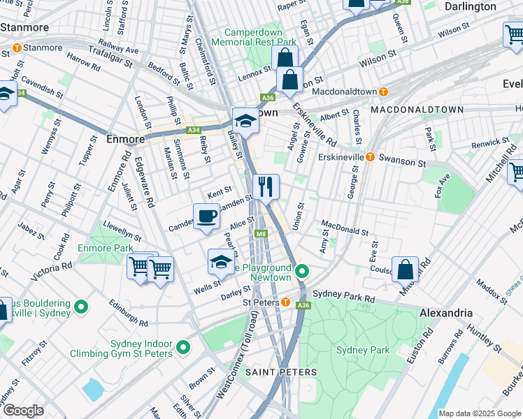 map of restaurants, bars, coffee shops, grocery stores, and more near 501 King Street in Newtown