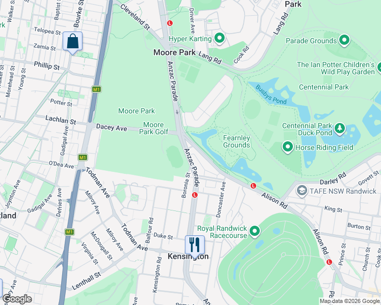 map of restaurants, bars, coffee shops, grocery stores, and more near 2 Anzac Parade in Kensington
