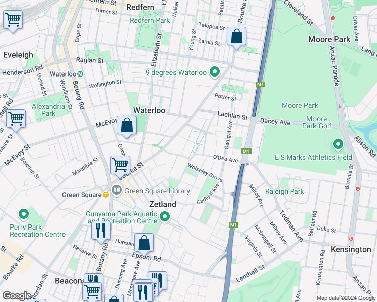 map of restaurants, bars, coffee shops, grocery stores, and more near 20 O'Dea Avenue in Waterloo