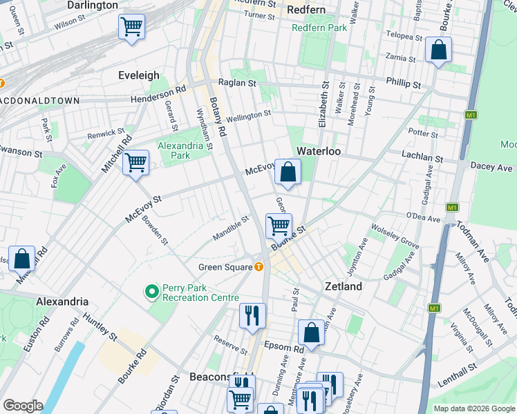 map of restaurants, bars, coffee shops, grocery stores, and more near 219-231 Botany Road in Waterloo