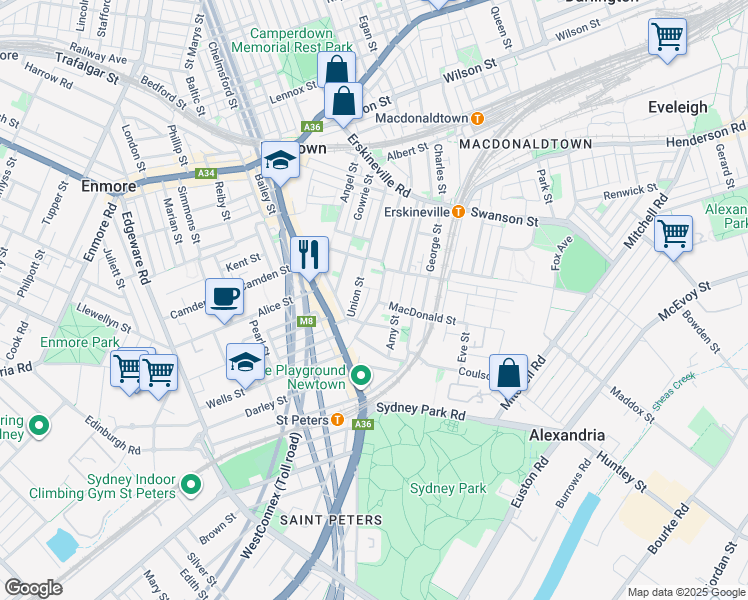 map of restaurants, bars, coffee shops, grocery stores, and more near 157 Rochford Street in Erskineville