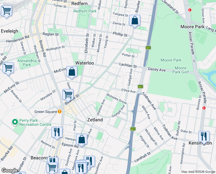 map of restaurants, bars, coffee shops, grocery stores, and more near 18A O'Dea Avenue in Waterloo