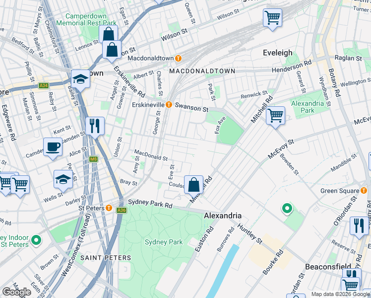 map of restaurants, bars, coffee shops, grocery stores, and more near 1 Metters Street in Erskineville