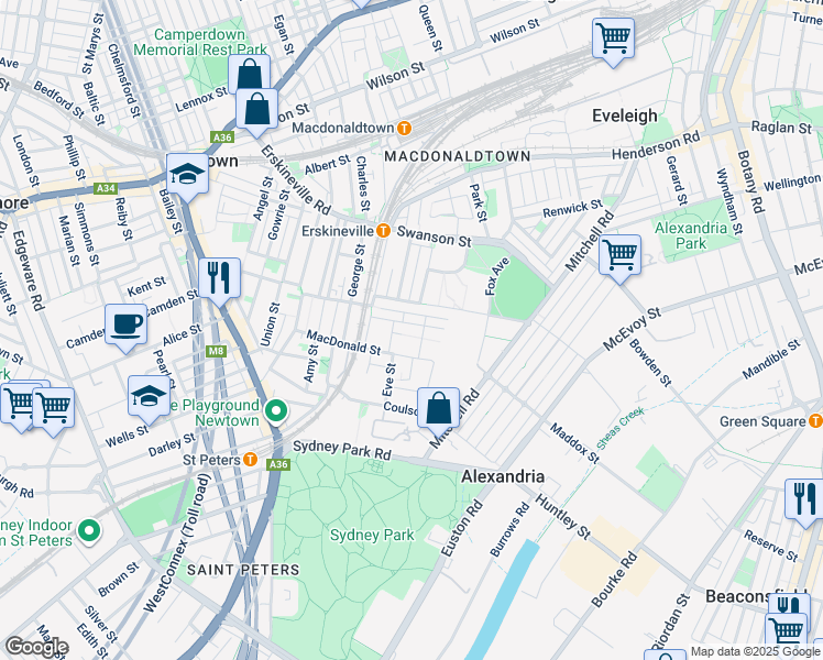 map of restaurants, bars, coffee shops, grocery stores, and more near 1 Metters Street in Erskineville