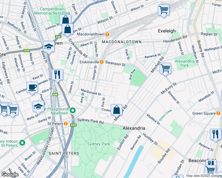 map of restaurants, bars, coffee shops, grocery stores, and more near 1 Metters Street in Erskineville