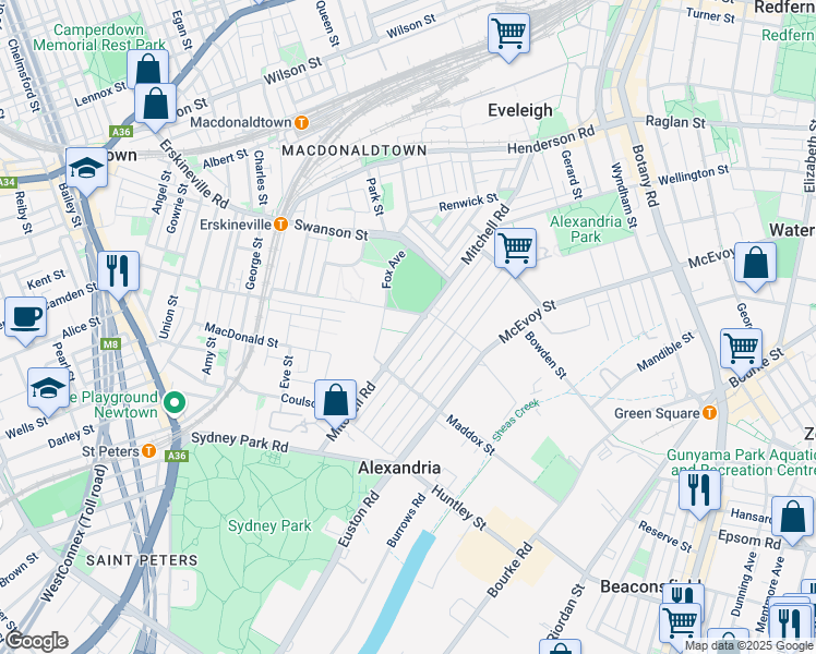 map of restaurants, bars, coffee shops, grocery stores, and more near 149 Mitchell Road in Erskineville