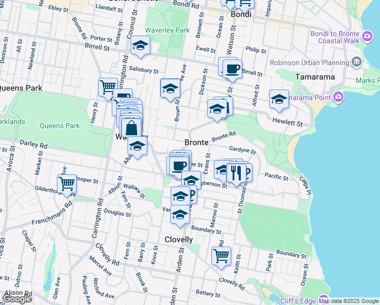 map of restaurants, bars, coffee shops, grocery stores, and more near 359C Bronte Road in Bronte