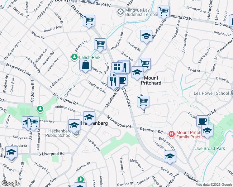 map of restaurants, bars, coffee shops, grocery stores, and more near 160 Meadows Road in Mount Pritchard