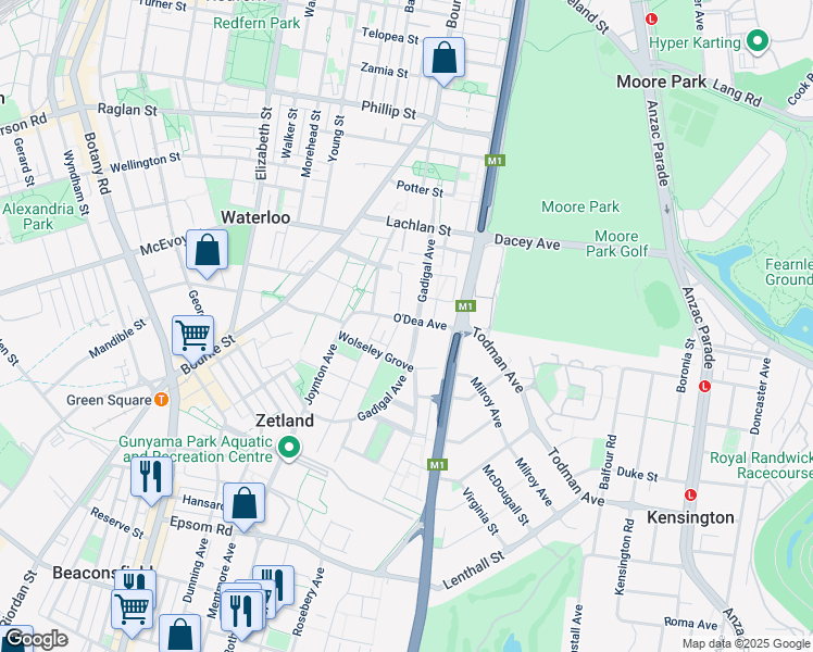 map of restaurants, bars, coffee shops, grocery stores, and more near 2 Victoria Park Parade in Zetland