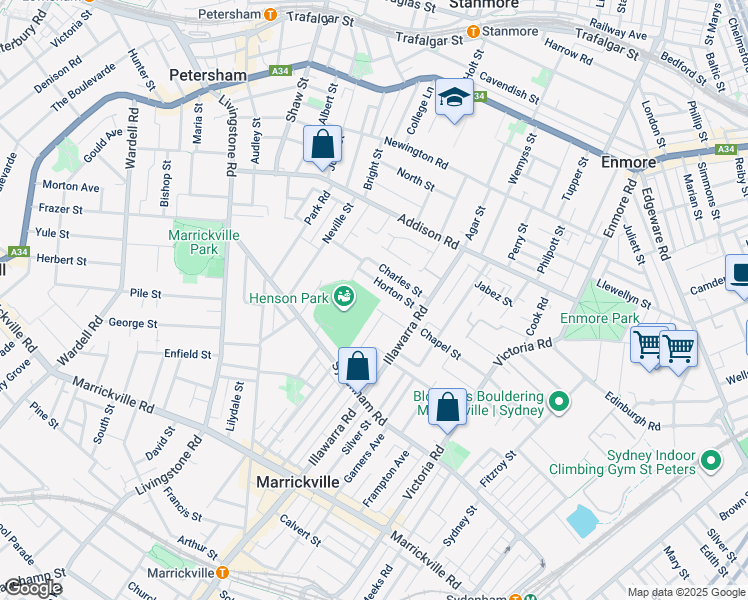 map of restaurants, bars, coffee shops, grocery stores, and more near 22 Centennial Street in Marrickville