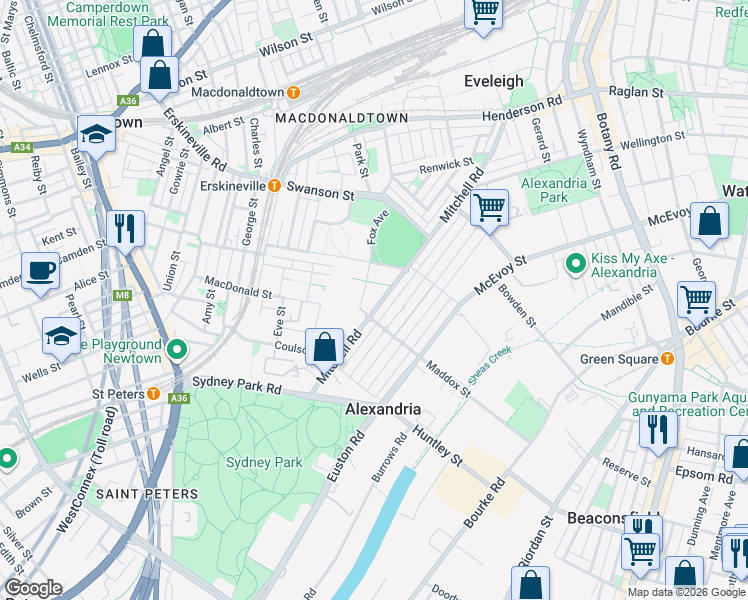 map of restaurants, bars, coffee shops, grocery stores, and more near 57 Ashmore Street in Erskineville