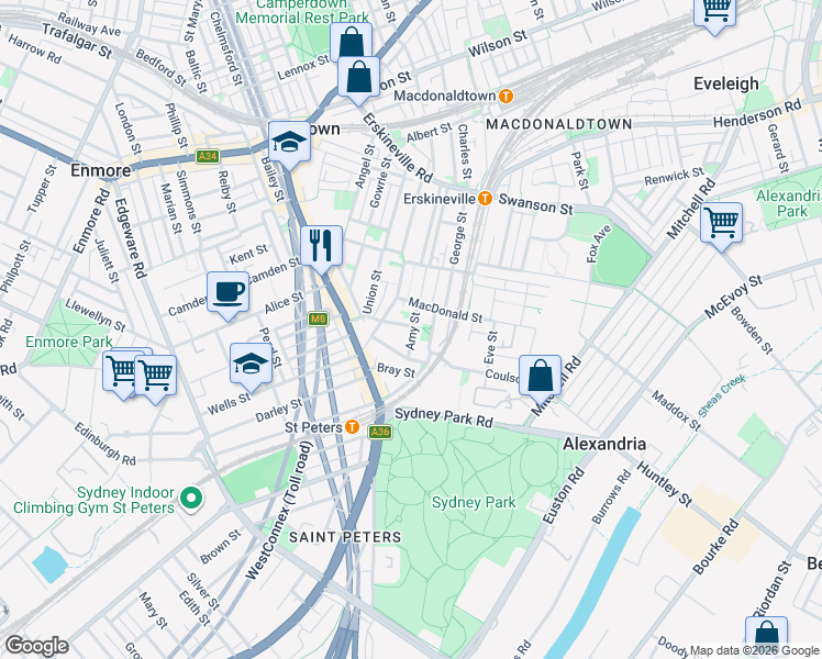 map of restaurants, bars, coffee shops, grocery stores, and more near 19 Amy Street in Erskineville