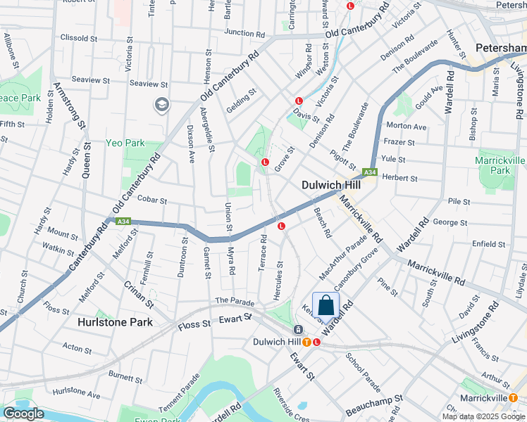 map of restaurants, bars, coffee shops, grocery stores, and more near 553 New Canterbury Road in Dulwich Hill