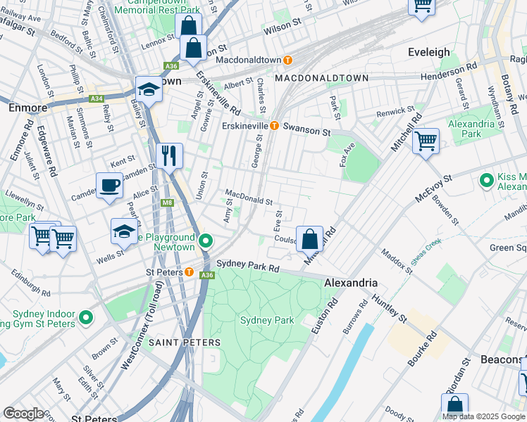 map of restaurants, bars, coffee shops, grocery stores, and more near 3 Goddard Street in Erskineville