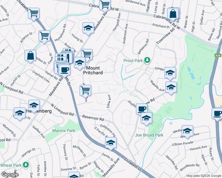 map of restaurants, bars, coffee shops, grocery stores, and more near 1 Dorothy Street in Mount Pritchard