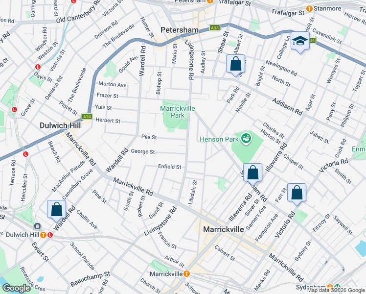 map of restaurants, bars, coffee shops, grocery stores, and more near 109 Livingstone Road in Marrickville
