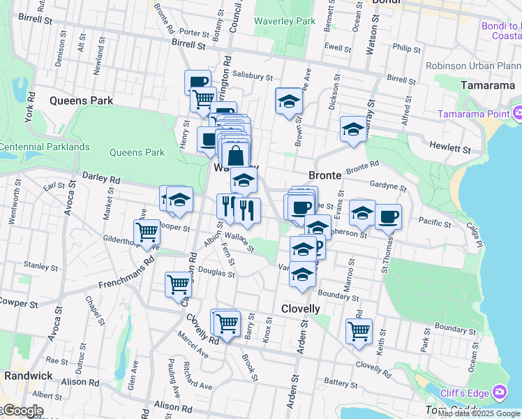 map of restaurants, bars, coffee shops, grocery stores, and more near 4 Macpherson Street in Waverley