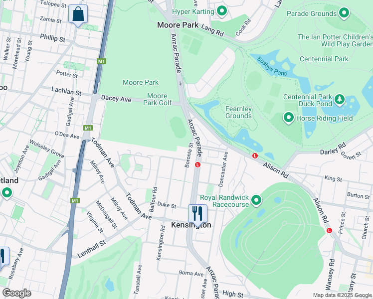 map of restaurants, bars, coffee shops, grocery stores, and more near 16 Boronia Street in Kensington