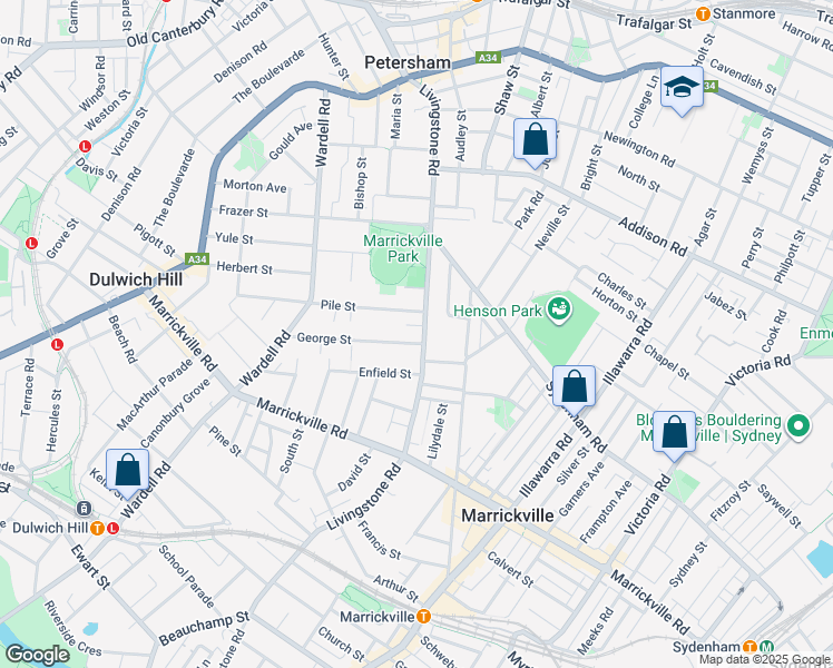 map of restaurants, bars, coffee shops, grocery stores, and more near 113 Livingstone Road in Marrickville