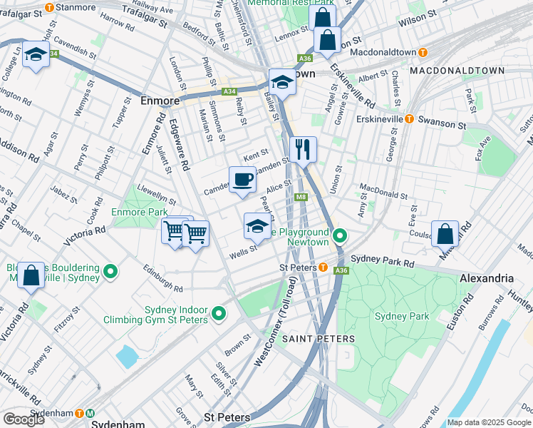 map of restaurants, bars, coffee shops, grocery stores, and more near 17 Pearl Street in Newtown