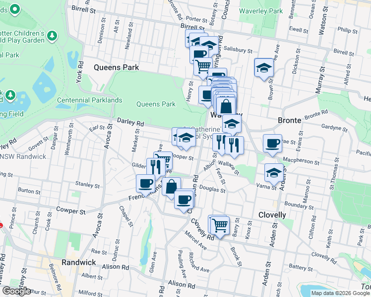 map of restaurants, bars, coffee shops, grocery stores, and more near 44 Pine Street in Randwick
