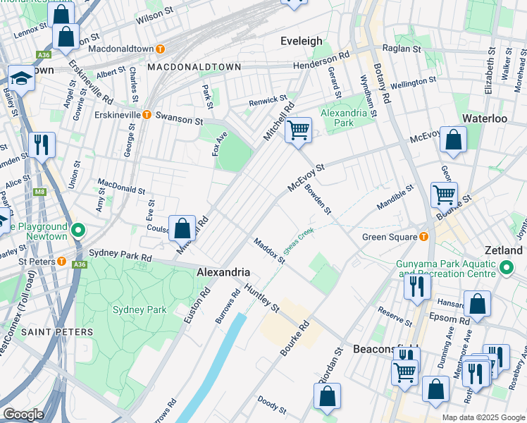 map of restaurants, bars, coffee shops, grocery stores, and more near 33 Euston Road in Alexandria