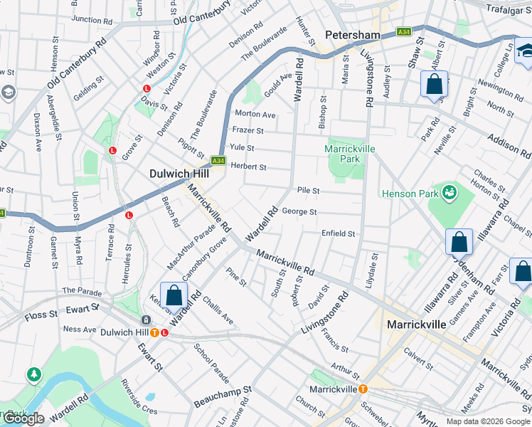 map of restaurants, bars, coffee shops, grocery stores, and more near 149 Wardell Road in Dulwich Hill