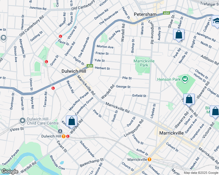 map of restaurants, bars, coffee shops, grocery stores, and more near 149 Wardell Road in Dulwich Hill