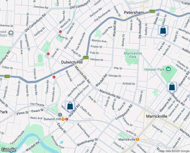 map of restaurants, bars, coffee shops, grocery stores, and more near 20 Barnsbury Grove in Dulwich Hill