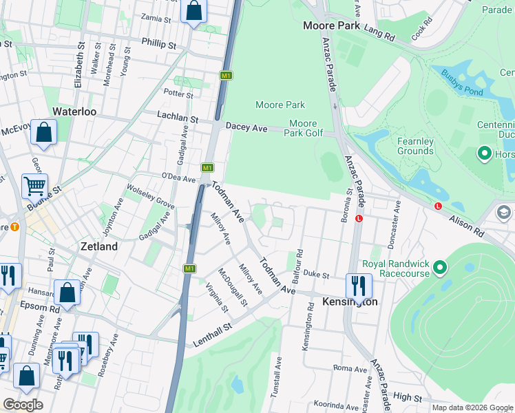 map of restaurants, bars, coffee shops, grocery stores, and more near 10R Brompton Road in Kensington