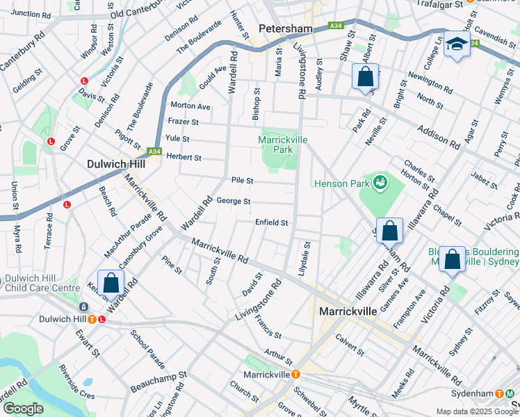 map of restaurants, bars, coffee shops, grocery stores, and more near 29 George Street in Marrickville