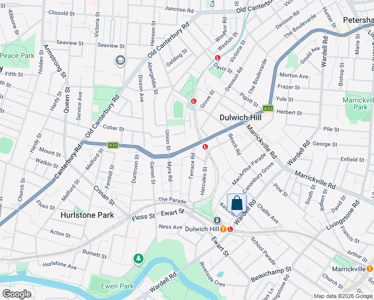 map of restaurants, bars, coffee shops, grocery stores, and more near 504 New Canterbury Road in Dulwich Hill