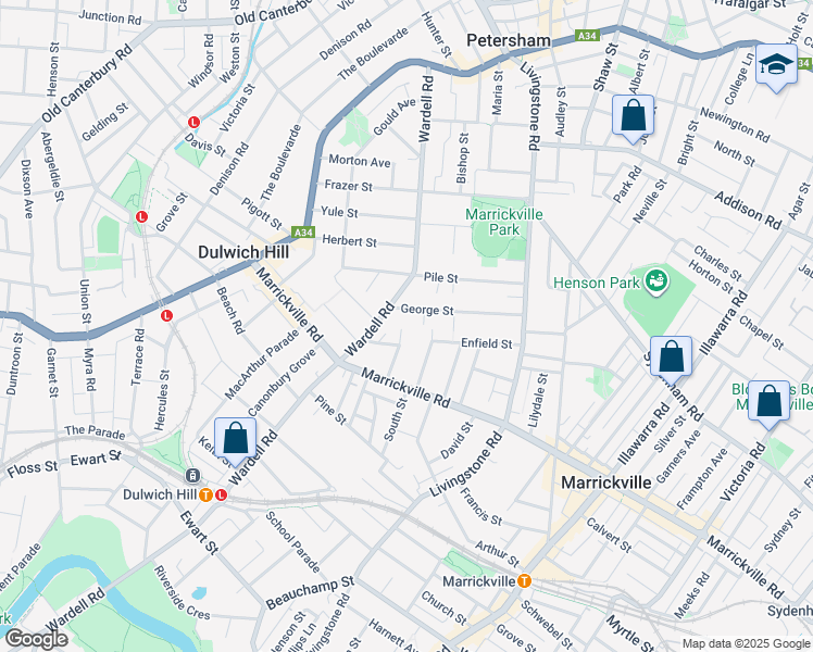 map of restaurants, bars, coffee shops, grocery stores, and more near 31 Woodcourt Street in Marrickville