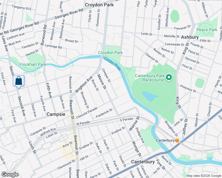 map of restaurants, bars, coffee shops, grocery stores, and more near 63 Cowper Street in Campsie
