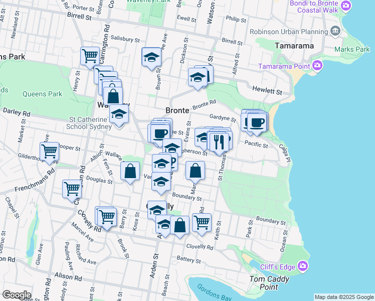 map of restaurants, bars, coffee shops, grocery stores, and more near Macpherson Street in Bronte