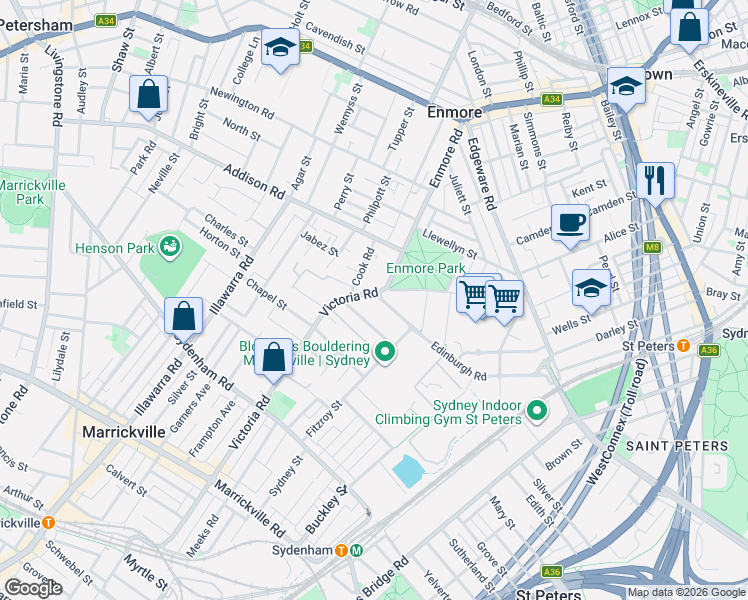 map of restaurants, bars, coffee shops, grocery stores, and more near 156 Edinburgh Road in Marrickville