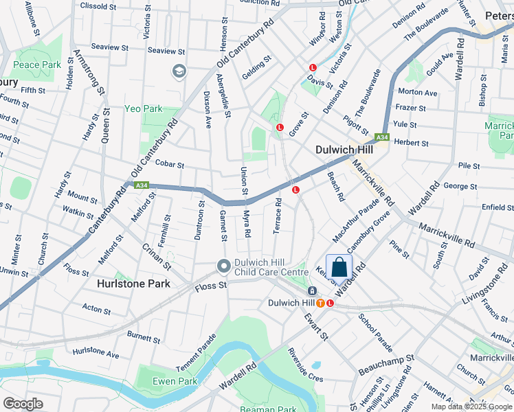 map of restaurants, bars, coffee shops, grocery stores, and more near 520 New Canterbury Road in Dulwich Hill
