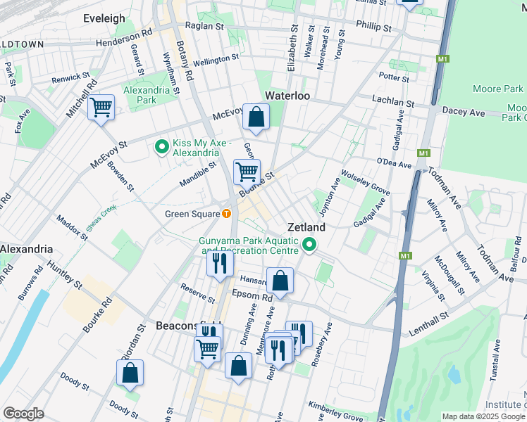 map of restaurants, bars, coffee shops, grocery stores, and more near 26 Ebsworth Street in Zetland