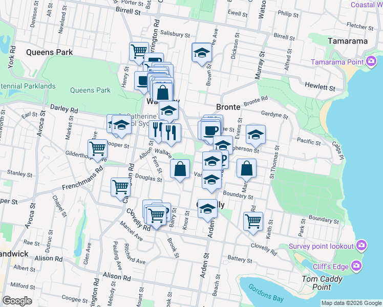 map of restaurants, bars, coffee shops, grocery stores, and more near 29 Leichhardt Street in Waverley