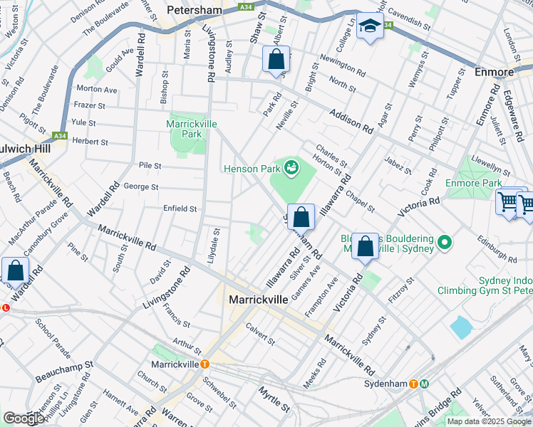 map of restaurants, bars, coffee shops, grocery stores, and more near Northcote Street in Marrickville