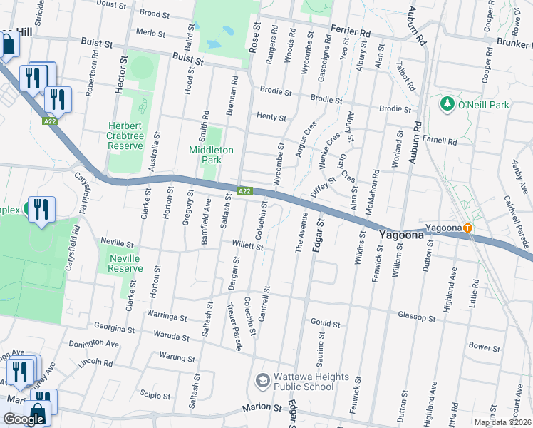 map of restaurants, bars, coffee shops, grocery stores, and more near 1 Colechin Street in Yagoona