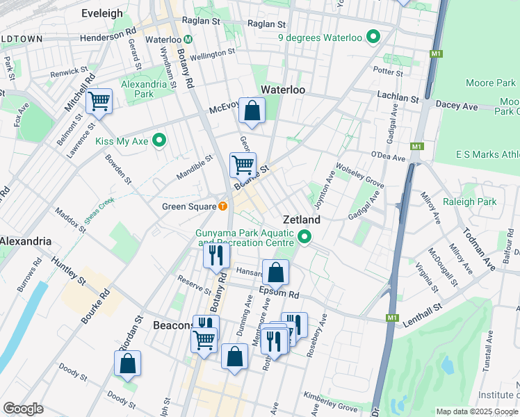 map of restaurants, bars, coffee shops, grocery stores, and more near 26 Ebsworth Street in Zetland