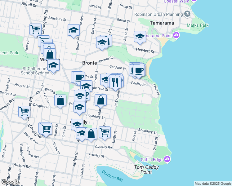 map of restaurants, bars, coffee shops, grocery stores, and more near 145E Macpherson Street in Bronte