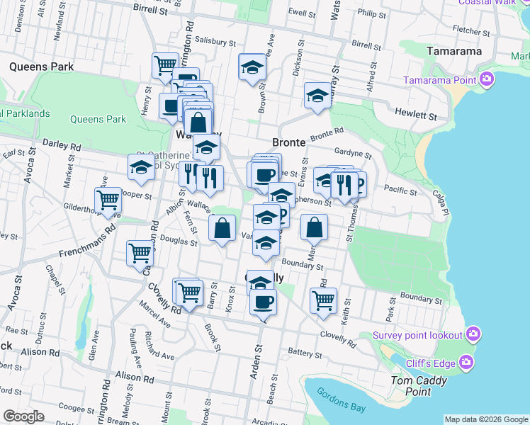 map of restaurants, bars, coffee shops, grocery stores, and more near 3 Carlton Street in Waverley