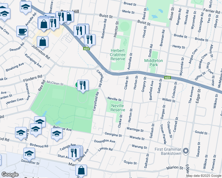 map of restaurants, bars, coffee shops, grocery stores, and more near 19A Carysfield Road in Bass Hill