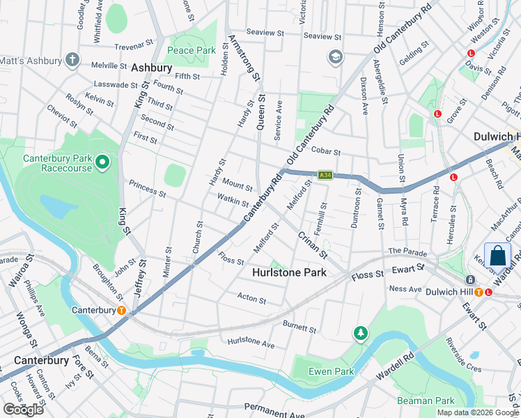 map of restaurants, bars, coffee shops, grocery stores, and more near 48 Canterbury Road in Hurlstone Park