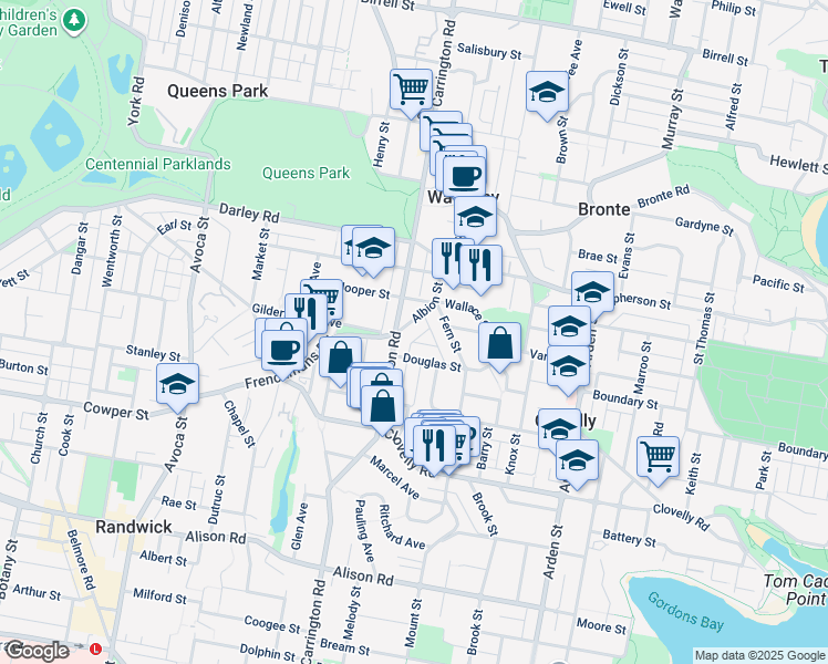 map of restaurants, bars, coffee shops, grocery stores, and more near 70 Albion Street in Randwick