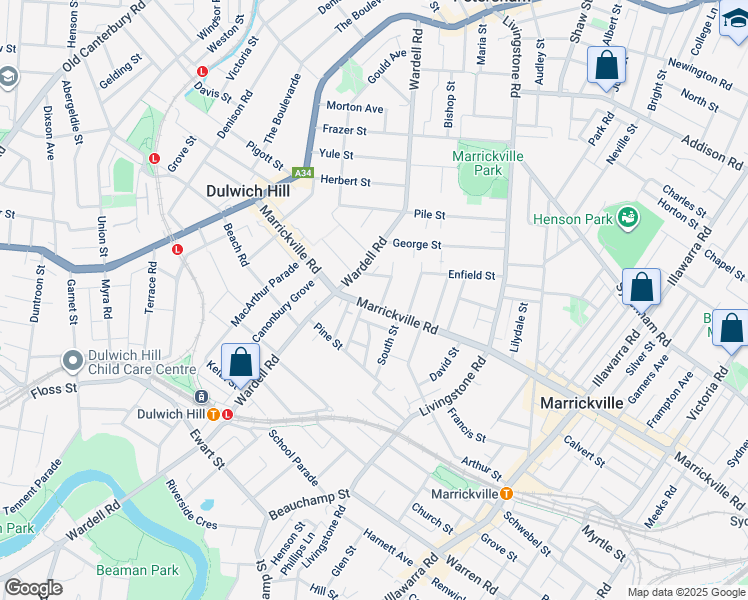 map of restaurants, bars, coffee shops, grocery stores, and more near 375 Marrickville Road in Marrickville